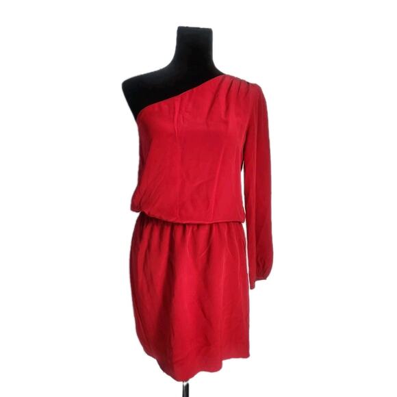 Mason Women's Size 2 One Shoulder Ruched Elastic Waist Silk Mini Dress Red - Picture 1 of 13